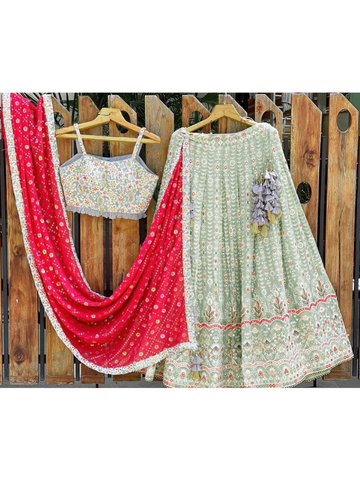 Brilliant Thread Work Georgette Pastel Green Lehenga Choli
